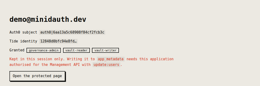 The Auth0 example showing granted roles and a red note that the link is kept for this session only