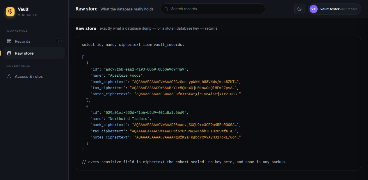 A database dump of the vault example, with every sensitive field stored as ciphertext