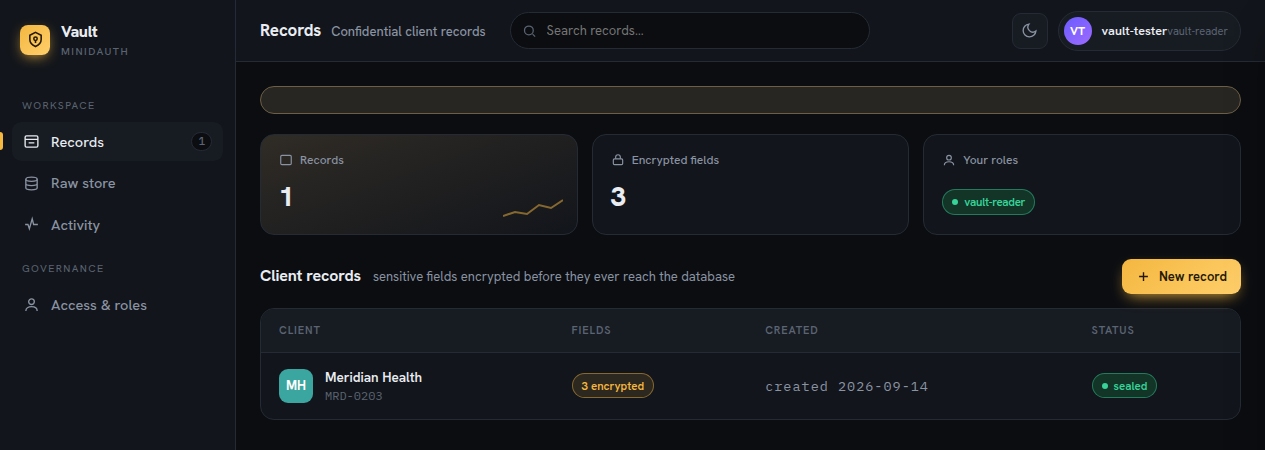 The vault example showing a client record with three encrypted fields, marked sealed, and the reader's granted role